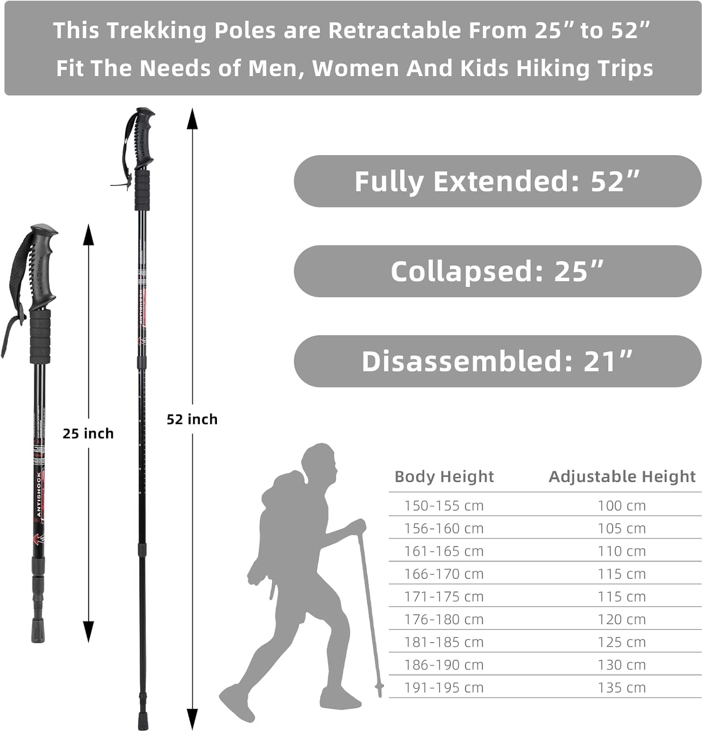 Hiking Trekking Poles, 2 Pack Collapsible, Lightweight, anti Shock, Walking Sticks, Adjustable Hiking Pole for Men and Women